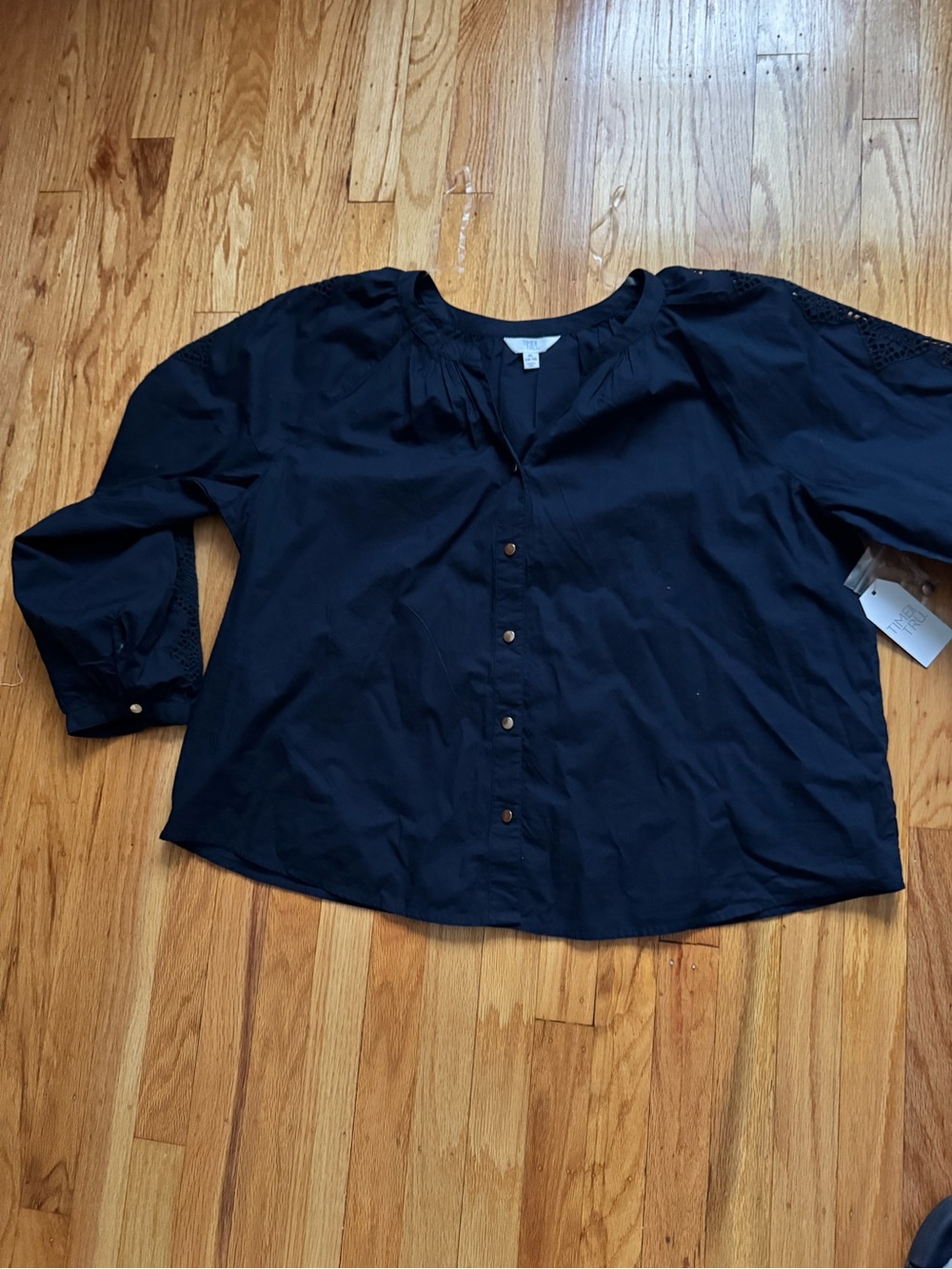 Relaxed Button-Front Women's Top - Navy with eyelet sleeves
